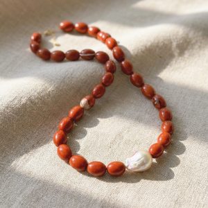 Luminous Tide Natural Red Gemstone Baroque Pearl Necklace Freshwater Baroque Pearl Statement Necklace in 18K Gold Plated Silver