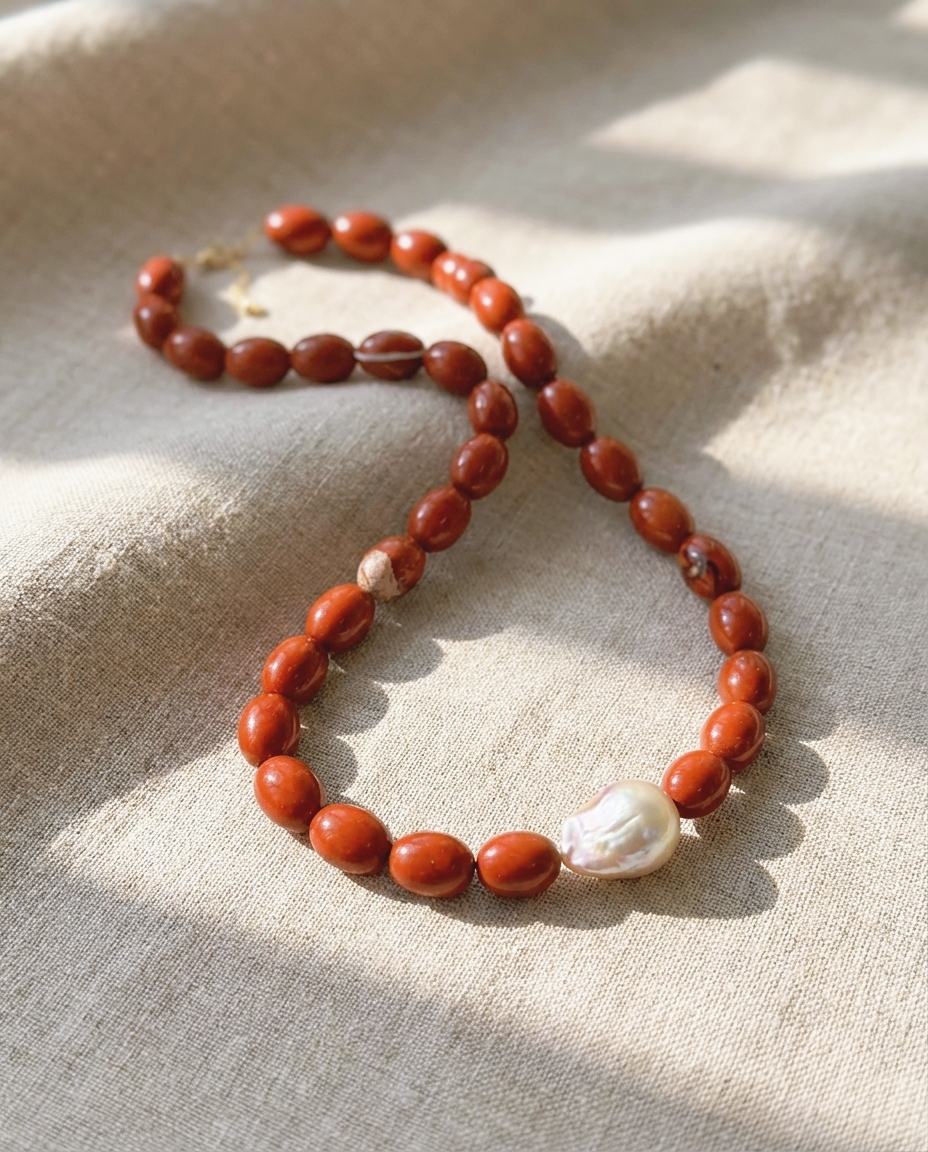 Luminous Tide Natural Red Gemstone Baroque Pearl Necklace Freshwater Baroque Pearl Statement Necklace in 18K Gold Plated Silver