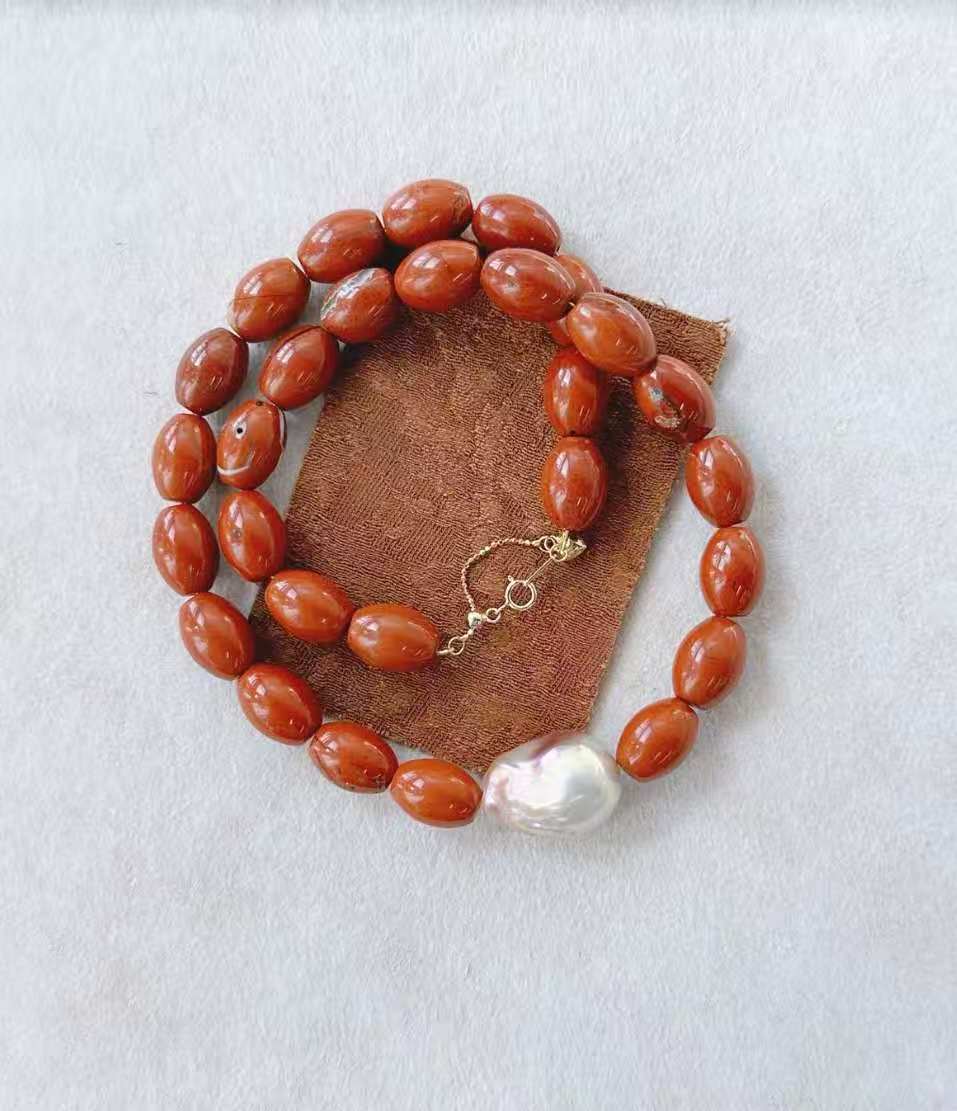 Luminous Tide Natural Red Gemstone Baroque Pearl Necklace Freshwater Baroque Pearl Statement Necklace in 18K Gold Plated Silver - Image 4