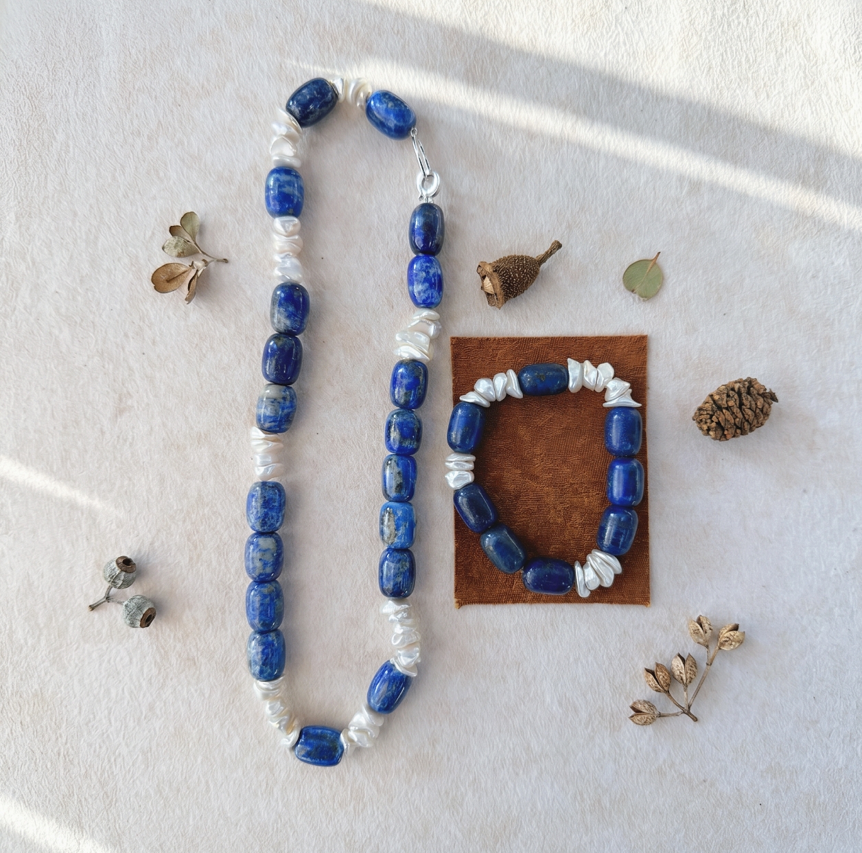 Ocean Muse Lapis Lazuli & Baroque Pearl Jewelry Set Freshwater Pearl Necklace and Bracelet Set in Sterling Silver - Image 2