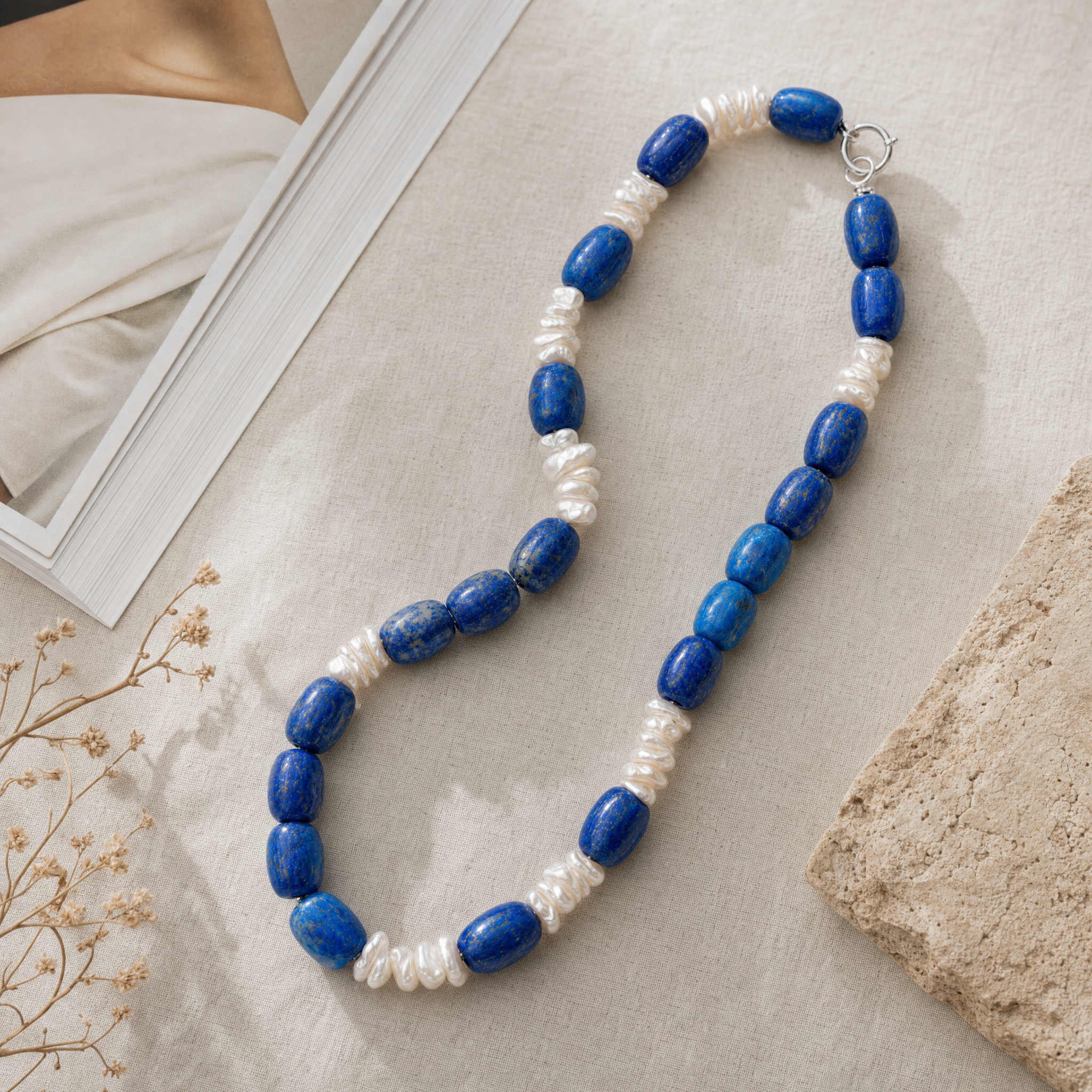 Ocean Muse Lapis Lazuli & Baroque Pearl Jewelry Set Freshwater Pearl Necklace and Bracelet Set in Sterling Silver - Image 3