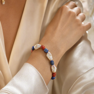 Azure Flame Natural Gemstone & Baroque Pearl Bracelet Blue Stone and Red Gemstone Color Contrast Pearl Bracelet in Sterling Silver