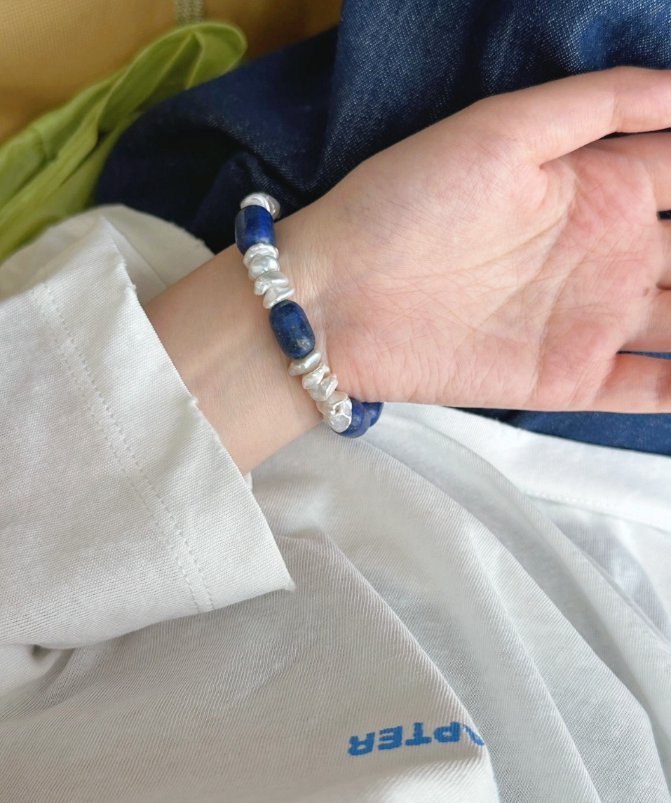 Ocean Muse Lapis Lazuli & Baroque Pearl Jewelry Set Freshwater Pearl Necklace and Bracelet Set in Sterling Silver - Image 7