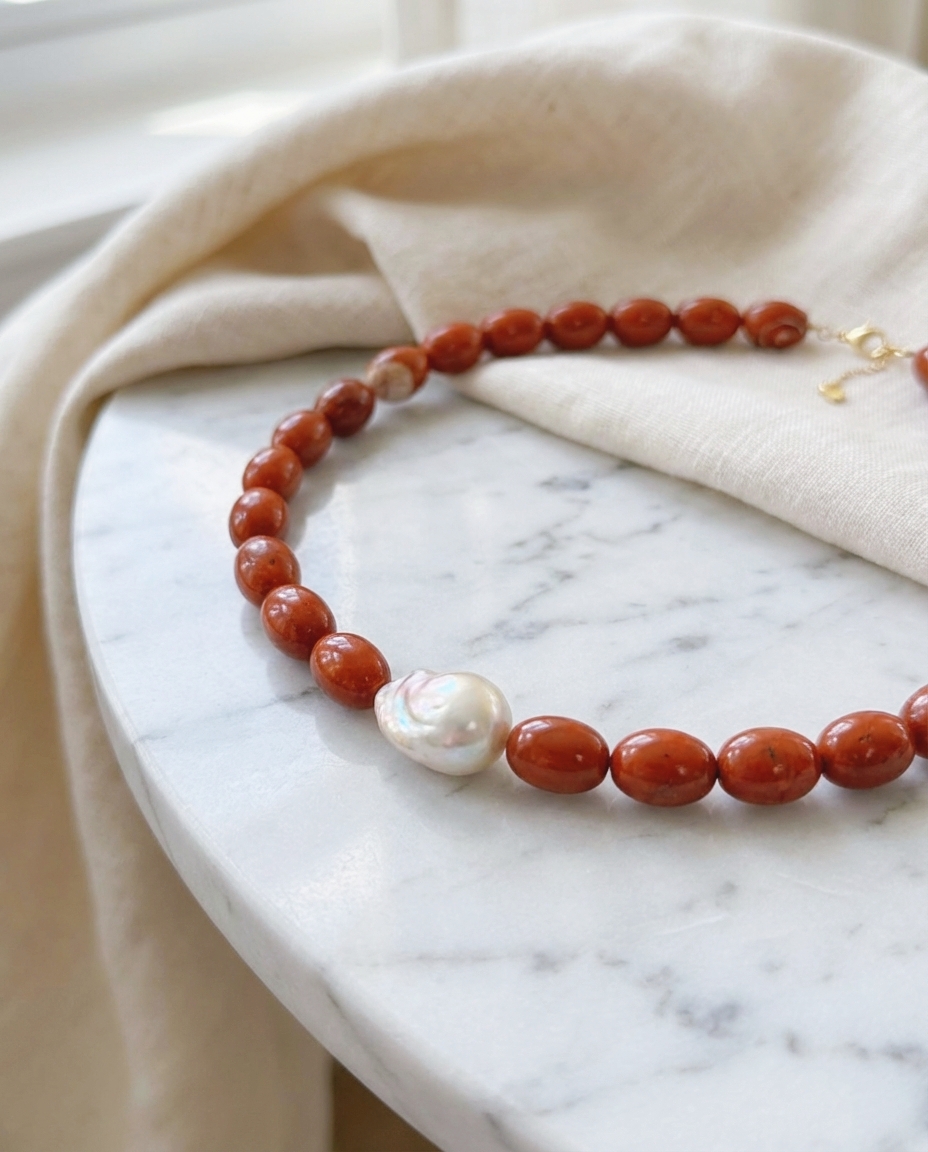Luminous Tide Natural Red Gemstone Baroque Pearl Necklace Freshwater Baroque Pearl Statement Necklace in 18K Gold Plated Silver - Image 3