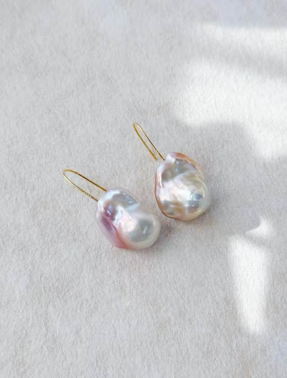 Aurora Glow Baroque Pearl Drop Earrings Luxury Iridescent Freshwater Pearl Jewelry in Sterling Silver - Image 3