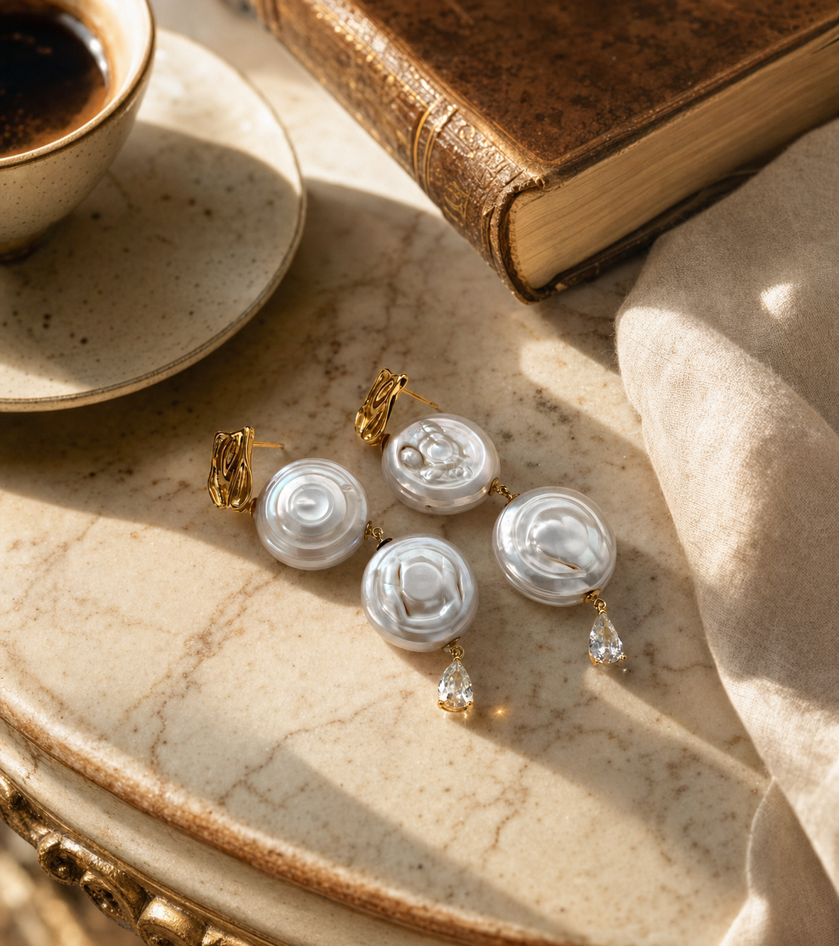 Double Pearl Drop Earrings Roman Holiday, Freshwater Coin Pearl Earrings in 14K Gold Filled